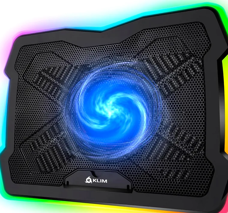 Klim Ultimate laptop cooling pad — near-silent pick with a large slow fan and RGB edge
